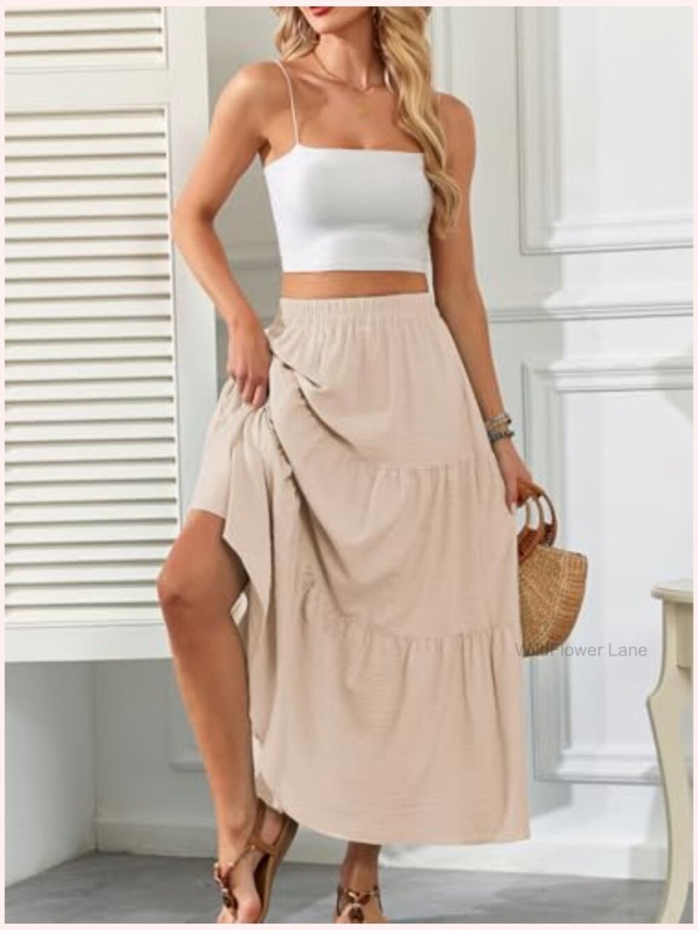 Tiered Maxi Skirt High Waisted A-Line Flowy Long with Pockets - Picture 4 of 7